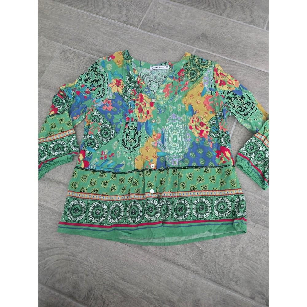 Figueroa & Flower Green Patchwork Paisley Floral Boho Blouse Petite Small